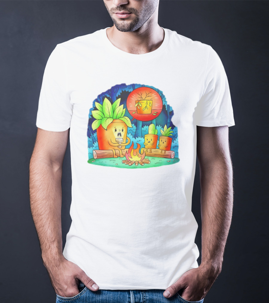 House Plants Gather Around Campfire Sharing Spooky Stories In The Woods T-Shirt