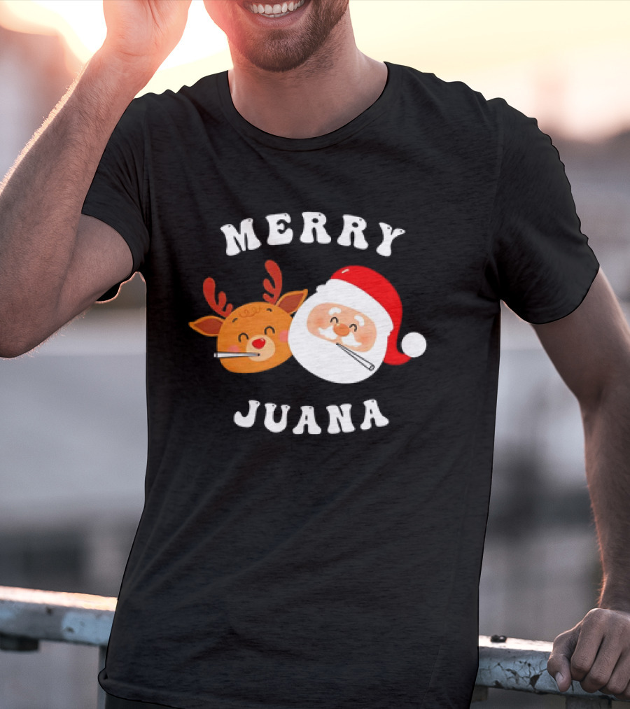 Merry Juana Christmas Santa And Reindeer Smoking Holiday Fun T-Shirt