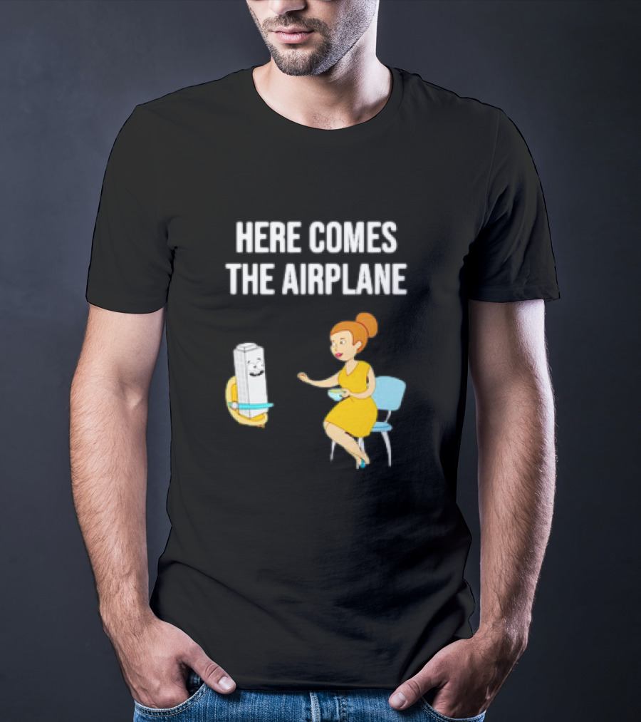 Here Comes The Airplane Cartoon Toilet Paper And Woman On Chair T-Shirt