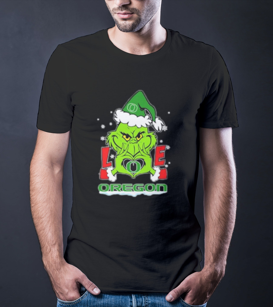 Grinch Hand Love Oregon Ducks Christmas Santa Hat Snowflakes T-Shirt