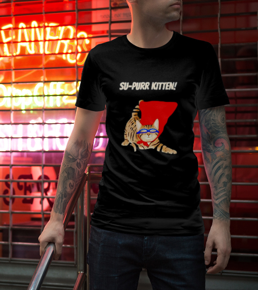 Su-Purr Kitten Cute Super Hero Cat Meme With Red Cape And Mask T-Shirt