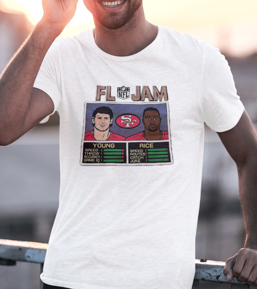 NFL Jam San Francisco 49ers Young Rice Speed Throw Catch T-Shirt