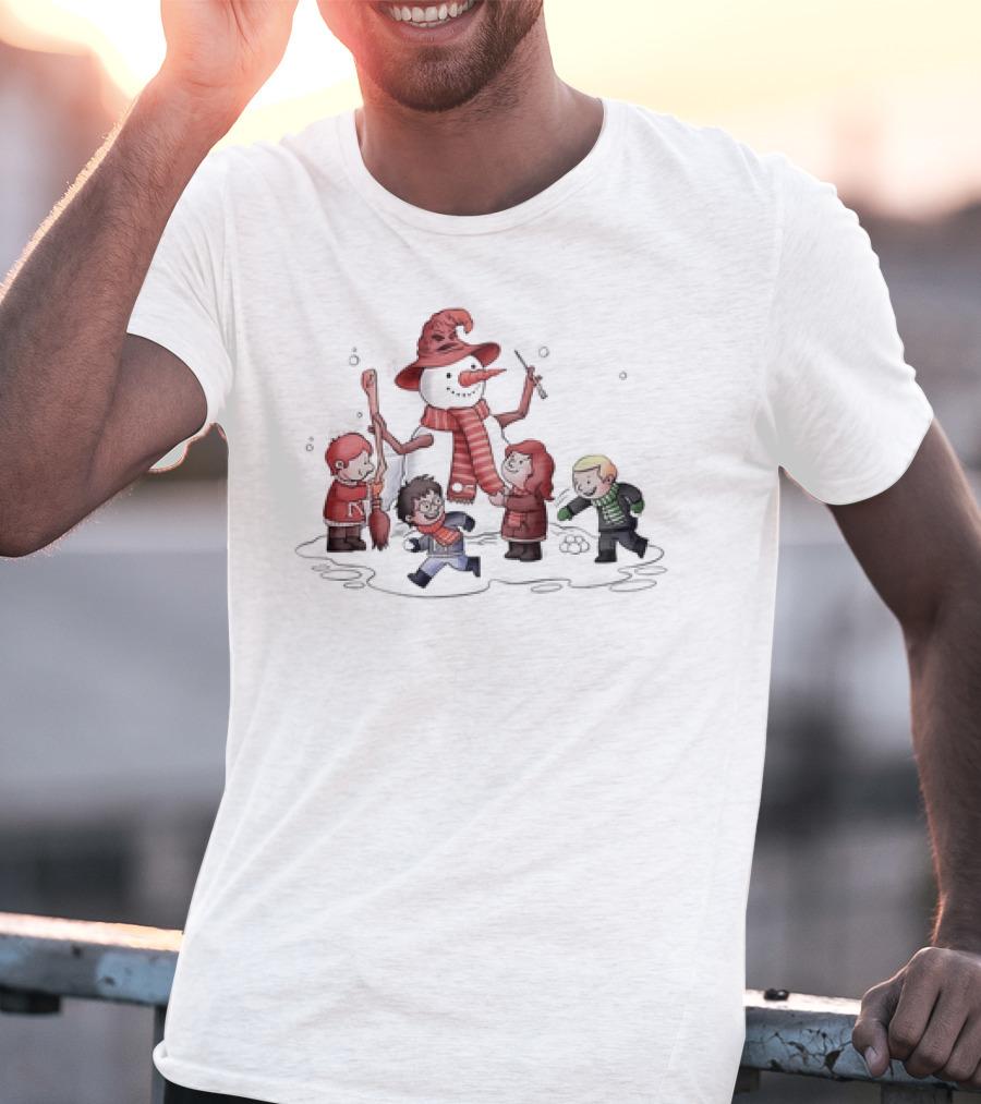 Young Wizard Students Building Snowman In House-Themed Scarves And Hats T-Shirt