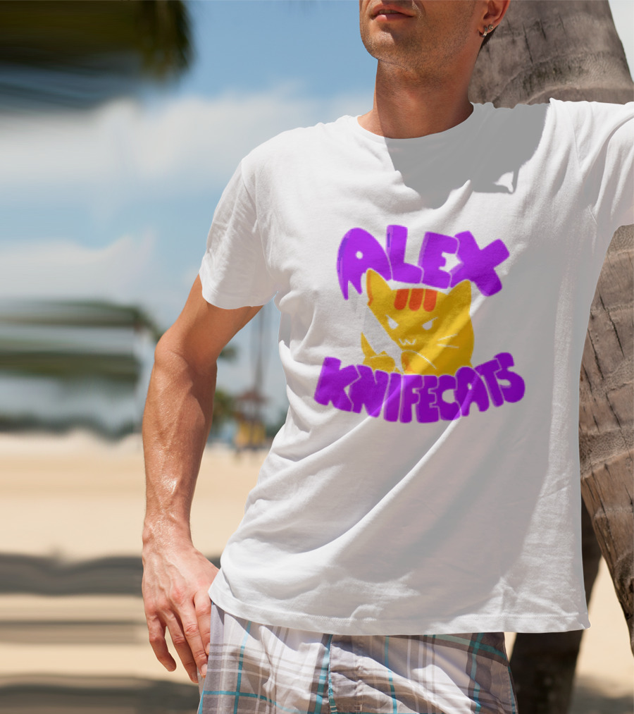 Alex Knifecats Orange Cat Purple Text T-Shirt