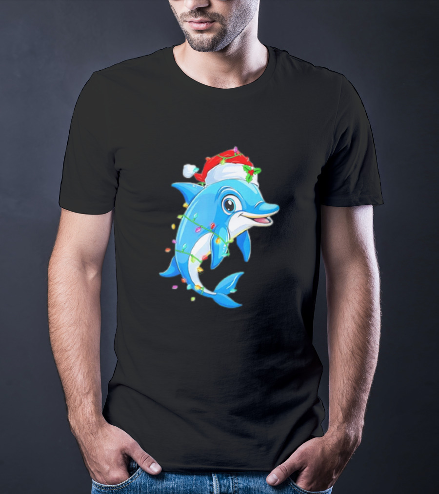Dolphin In Santa Hat Wrapped In Christmas Tree Lights Pajamas T-Shirt