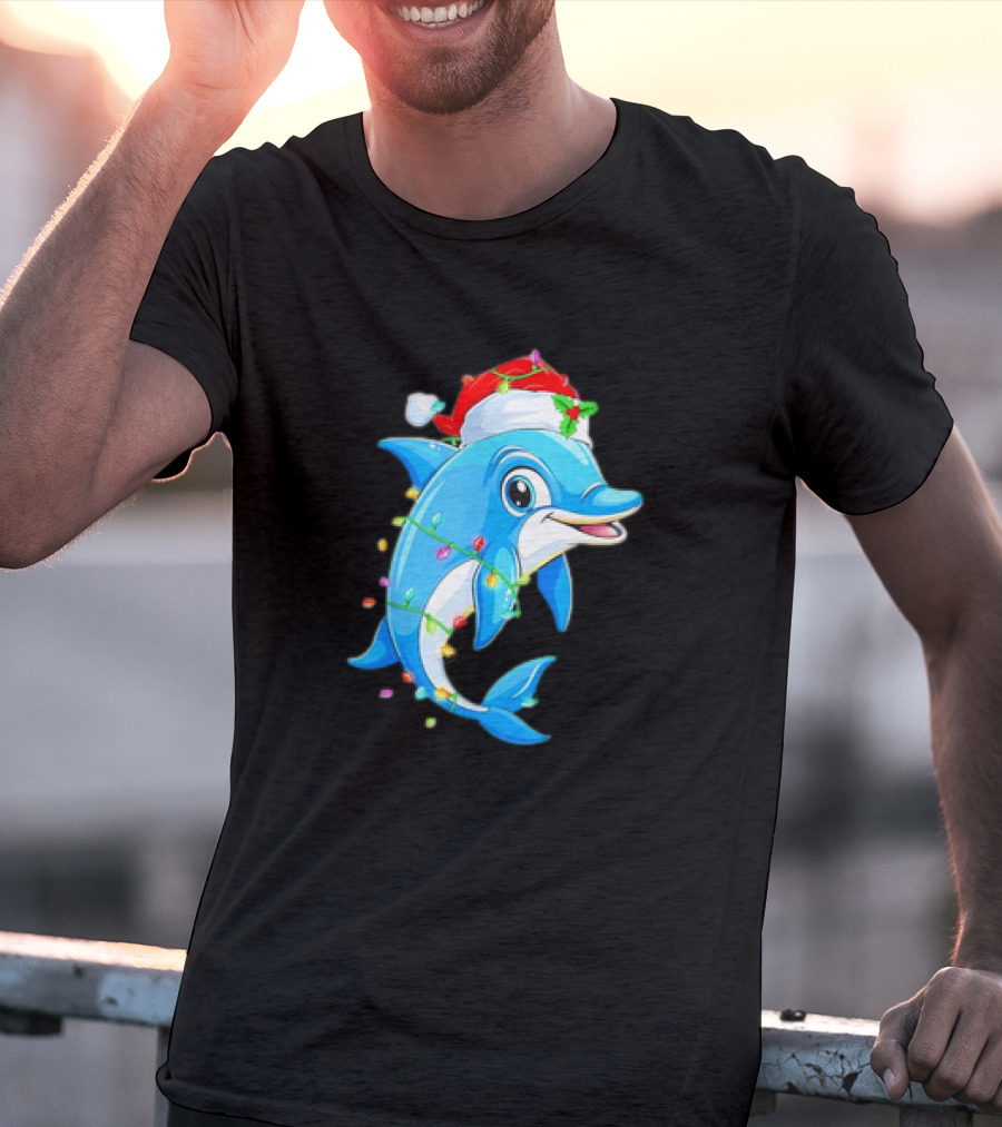 Dolphin In Santa Hat Wrapped In Christmas Tree Lights Pajamas T-Shirt