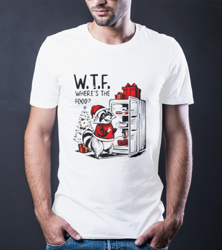 W.T.F. Where's The Food Christmas Foodie Raccoon With Fridge And Santa Hat T-Shirt