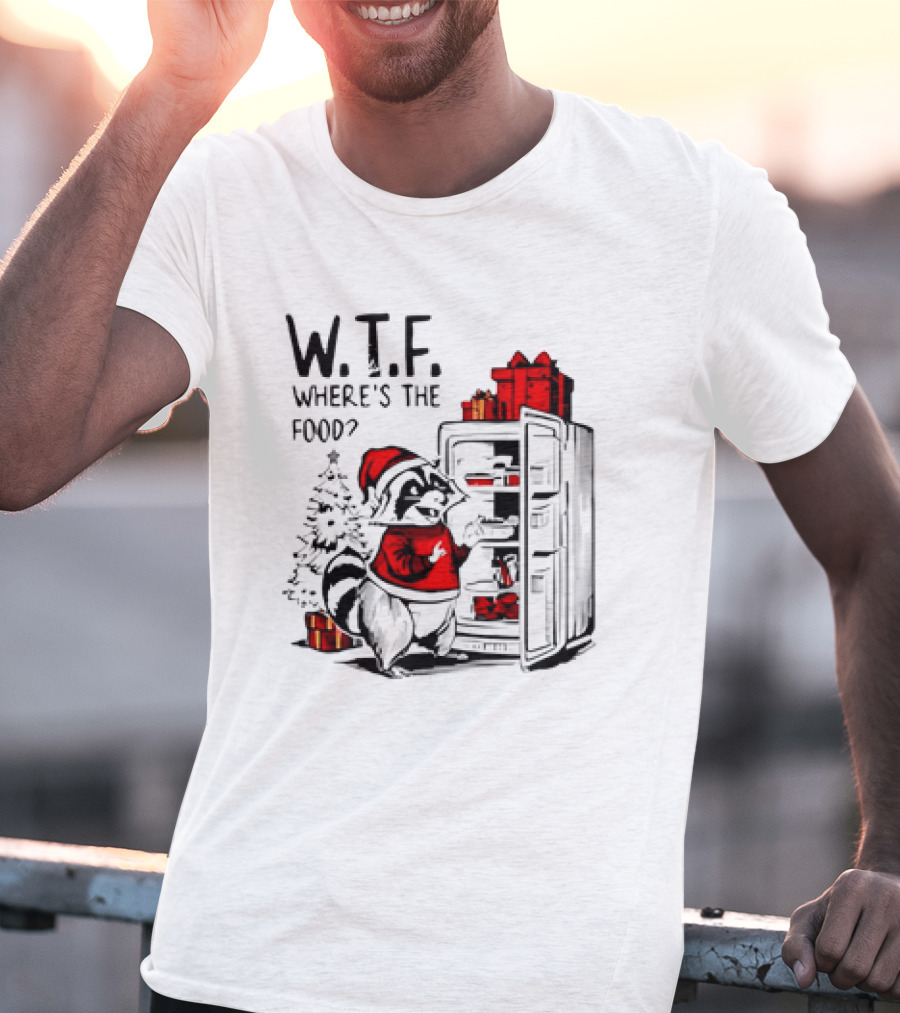 W.T.F. Where's The Food Christmas Foodie Raccoon With Fridge And Santa Hat T-Shirt