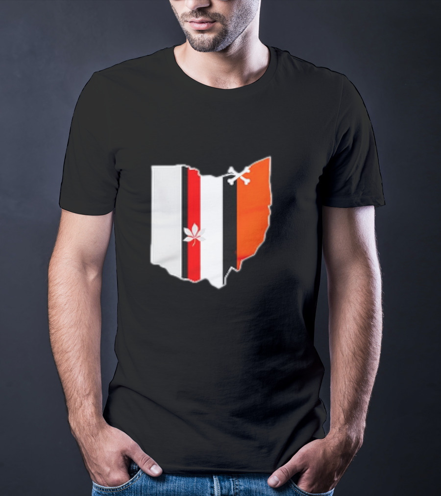 Ohio Map Stripes Football Buckeye Leaf Browns Colors T-Shirt