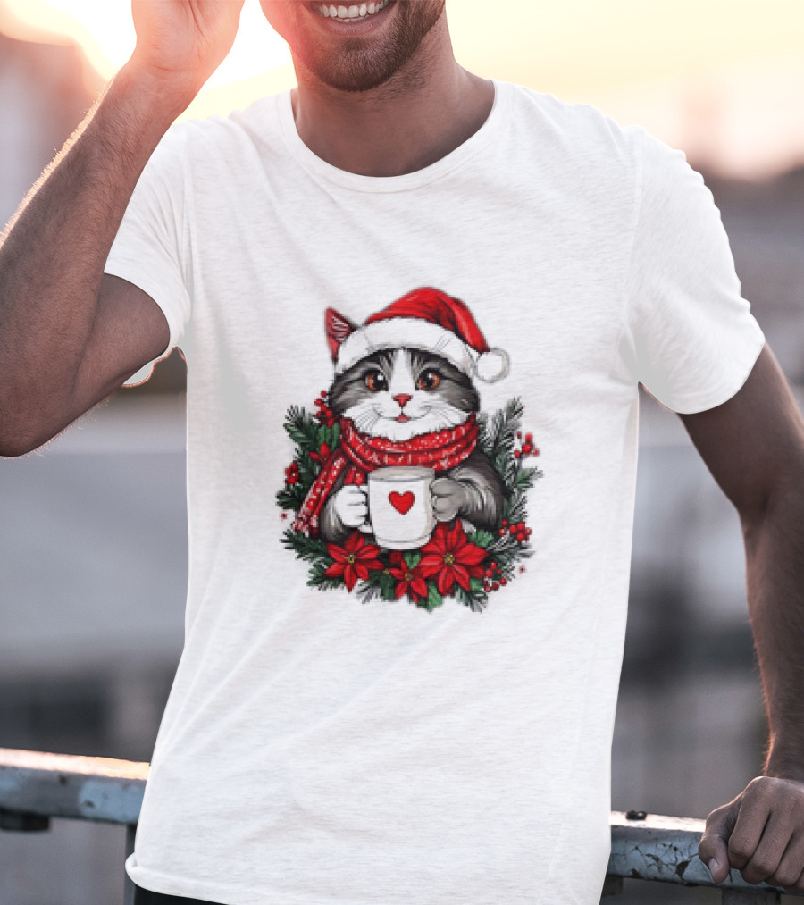 Christmas Cat Santa Hat Coffee Mug Festive T-Shirt