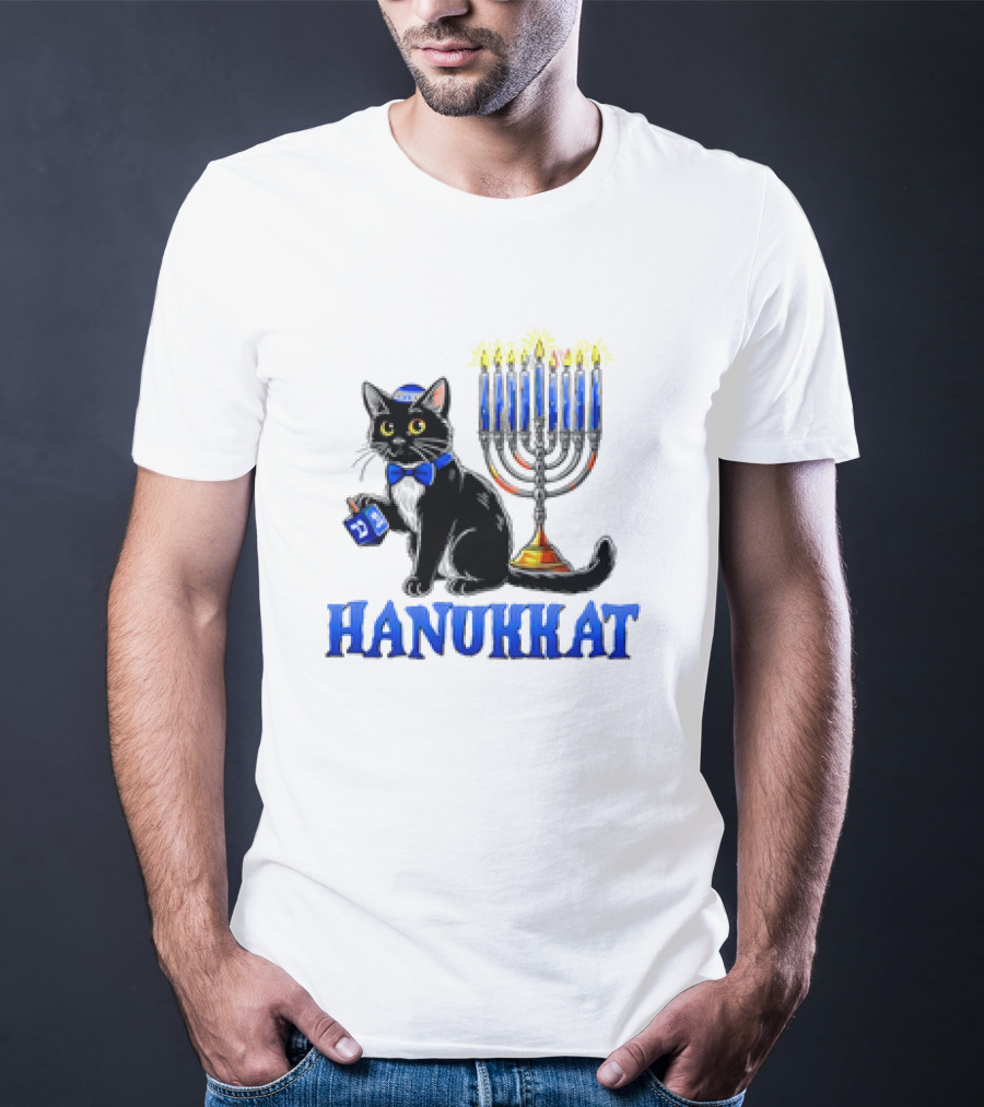 Hanukkat Cute Happy Hanukkah Jewish Cat Menorah Chanukah T-Shirt