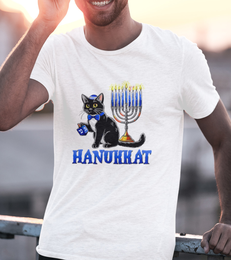 Hanukkat Cute Happy Hanukkah Jewish Cat Menorah Chanukah T-Shirt