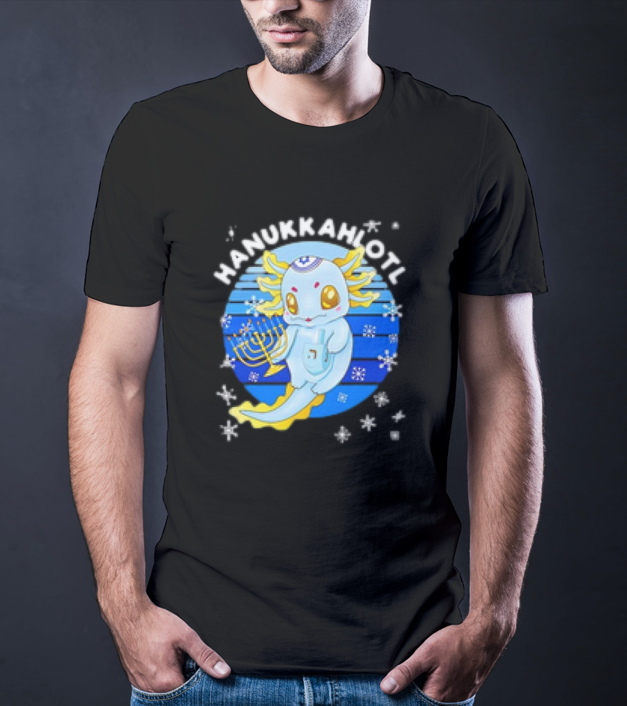 Hanukkahlotl Axolotl Dreidel Menorah Snowflakes Retro T-Shirt