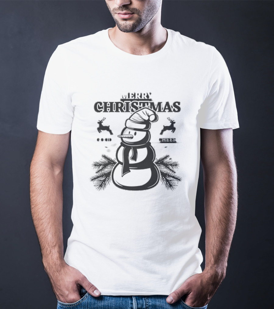 Merry Christmas Good Cheer Snowman With Reindeer And Pine Branches T-Shirt