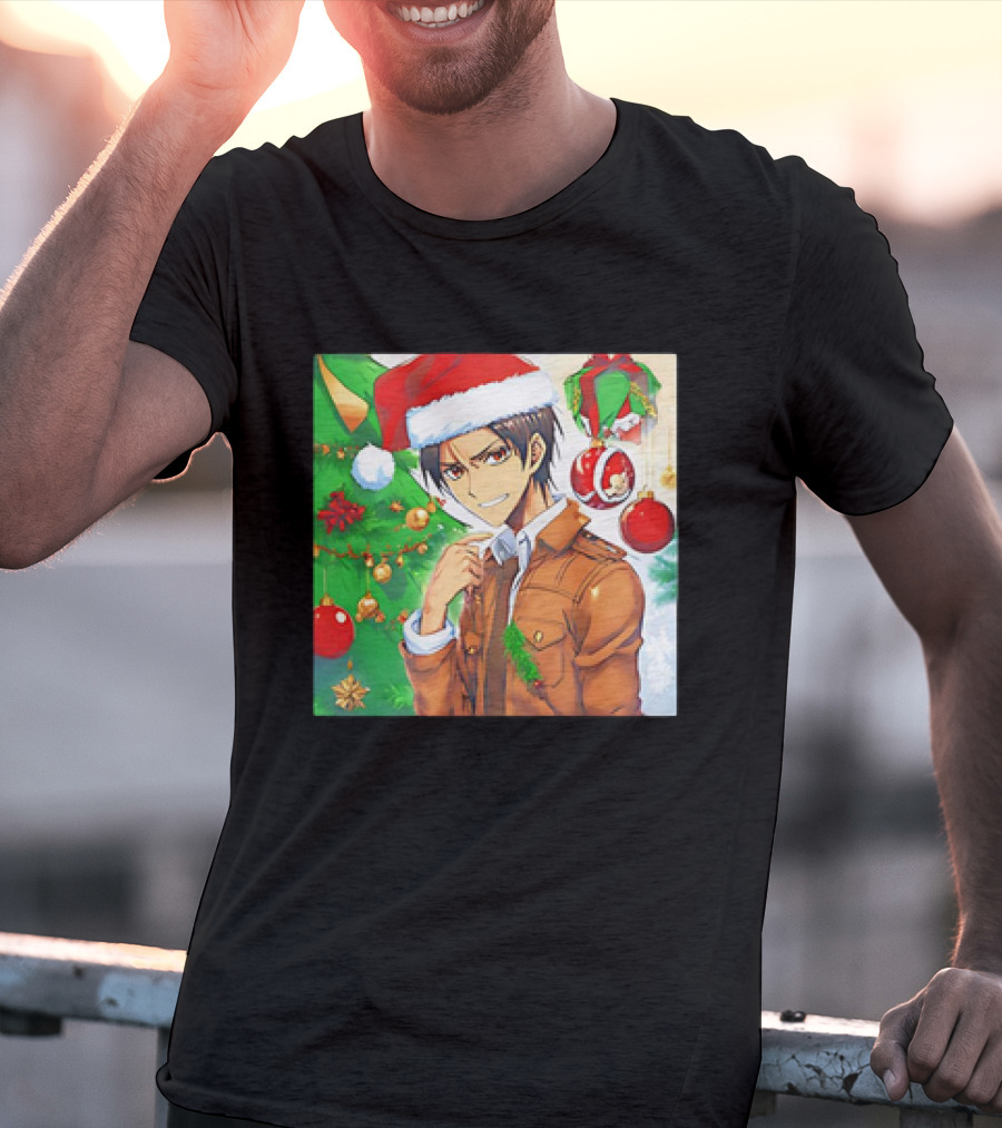 Eren Yeager Santa Hat Christmas Attack On Titan Anime Festive Tree Ornaments T-Shirt