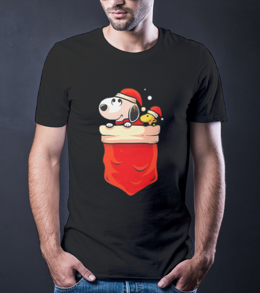 Snoopy And Woodstock Christmas Santa Hats In Red Pocket T-Shirt