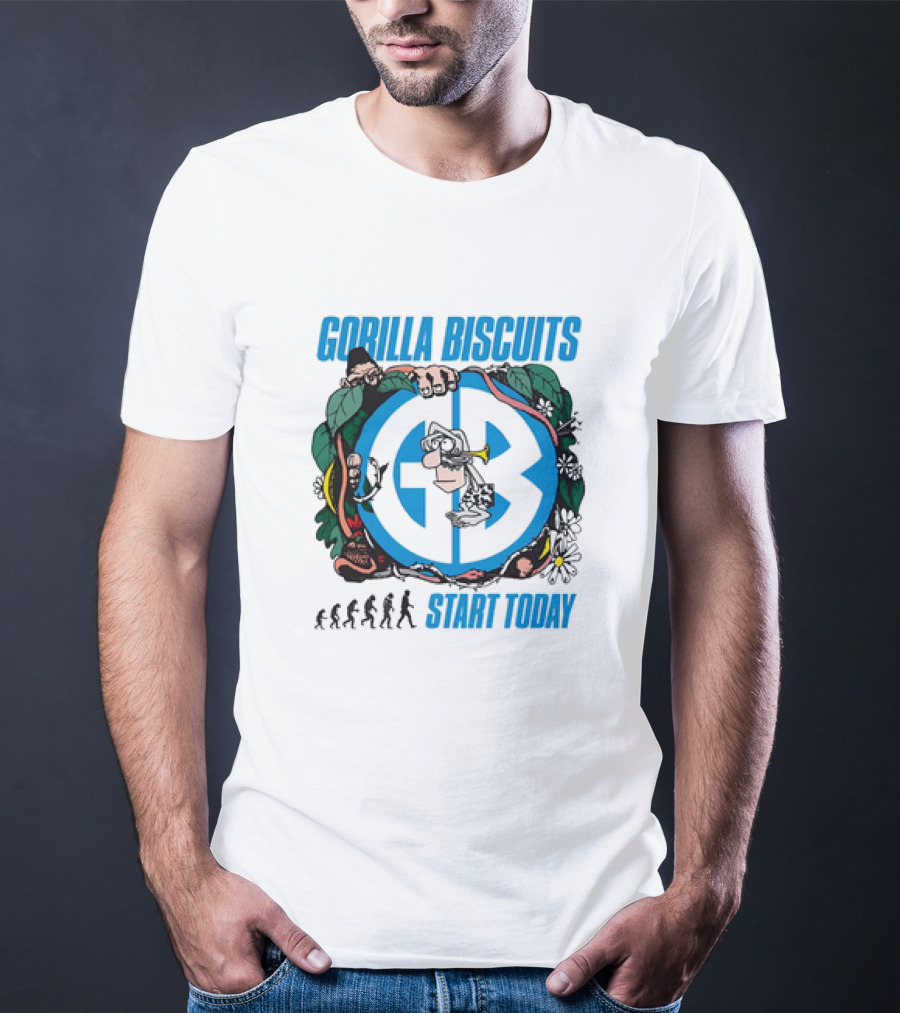 Gorilla Biscuits Start Today Evolution Theme Logo With Characters And Nature Elements T-Shirt