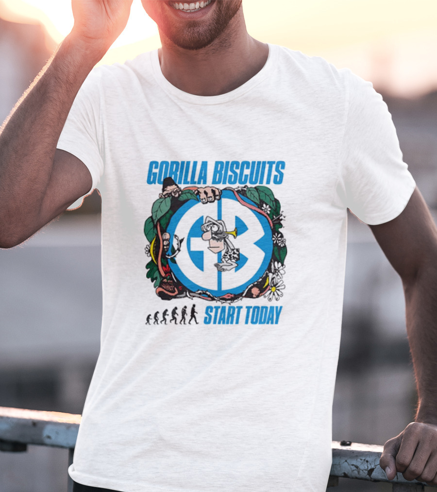 Gorilla Biscuits Start Today Evolution Theme Logo With Characters And Nature Elements T-Shirt