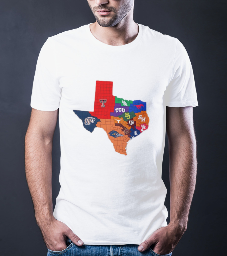Map Of Texas College Football Teams Featuring TCU Baylor Texas A&M Texas Tech UTEP T-Shirt