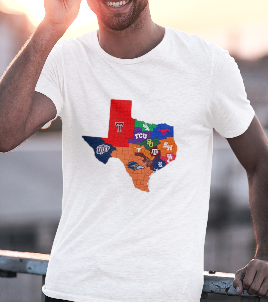 Map Of Texas College Football Teams Featuring TCU Baylor Texas A&M Texas Tech UTEP T-Shirt