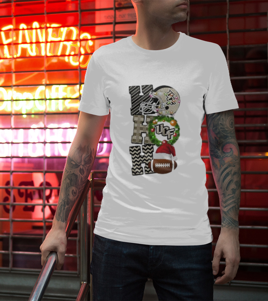 UCF Knights Football Christmas Helmet Wreath Santa Ho Ho Ho Game Day T-Shirt