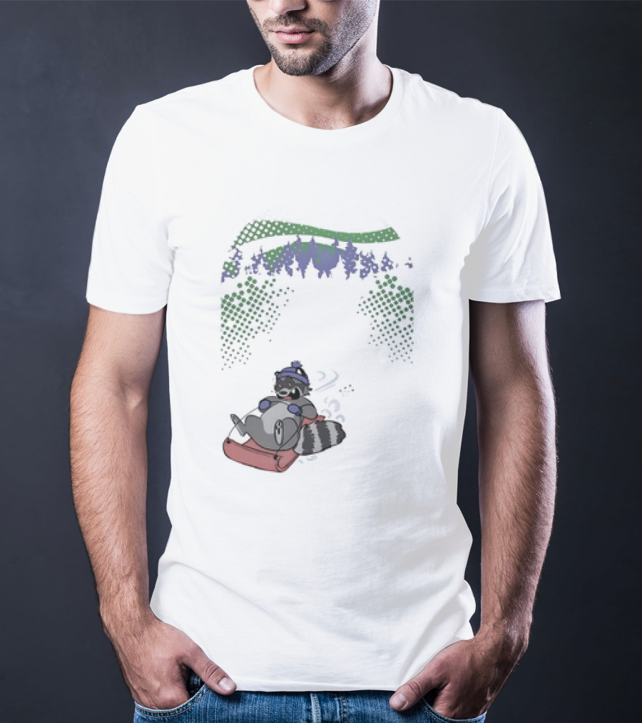 Raccoon Sledding In Winter Forest Scene With Evergreen Trees And Snowflakes T-Shirt