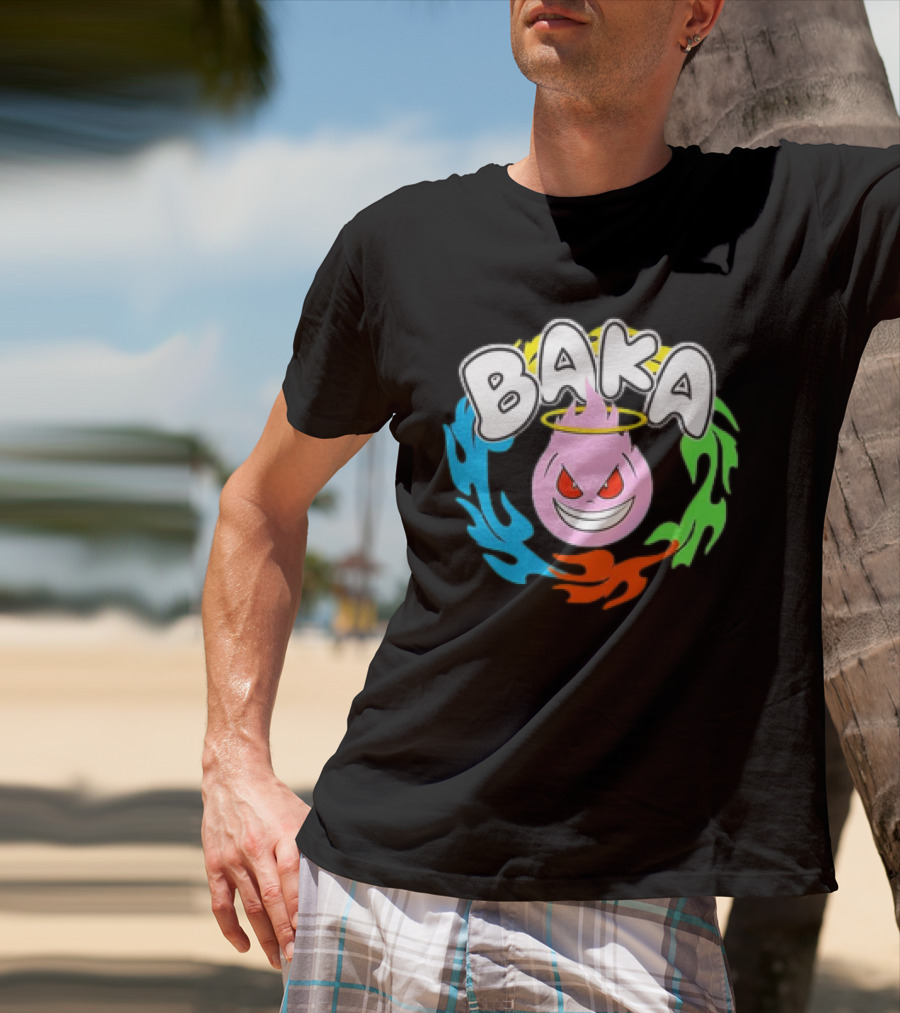 Baka Cartoon Flame With Mischievous Expression Surrounded By Colorful Fire Halo T-Shirt