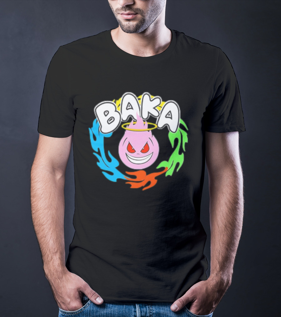 Baka Cartoon Flame With Mischievous Expression Surrounded By Colorful Fire Halo T-Shirt
