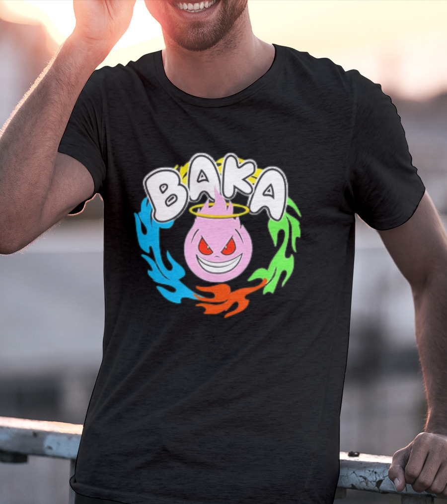 Baka Cartoon Flame With Mischievous Expression Surrounded By Colorful Fire Halo T-Shirt