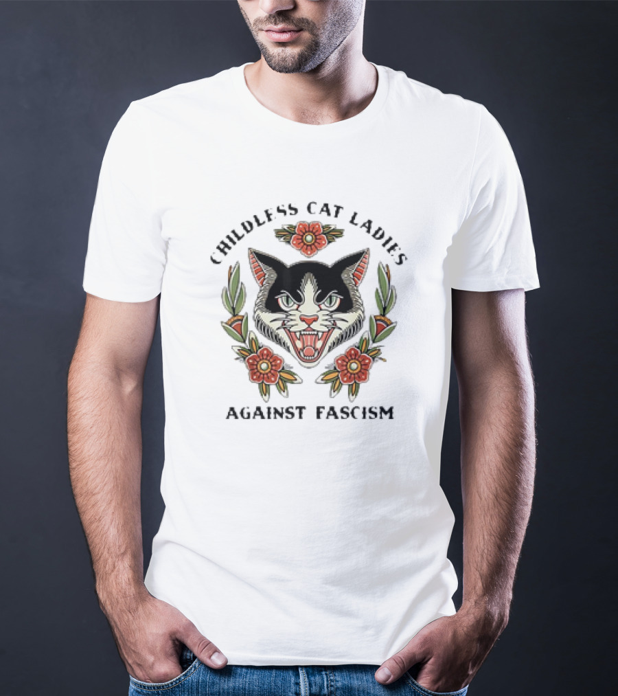 Childless Cat Ladies Against Fascism Fierce Cat Floral Emblem T-Shirt