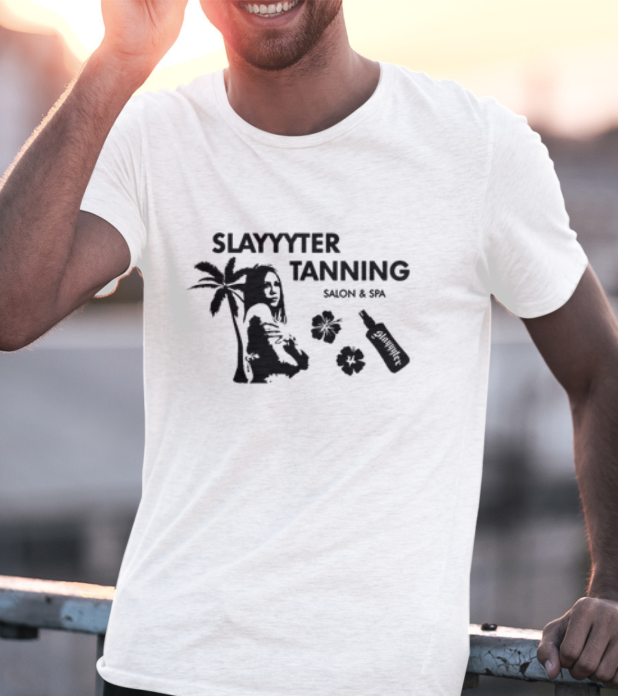Slayyyter Tanning Salon And Spa Palm Flowers And Lotion Bottle T-Shirt