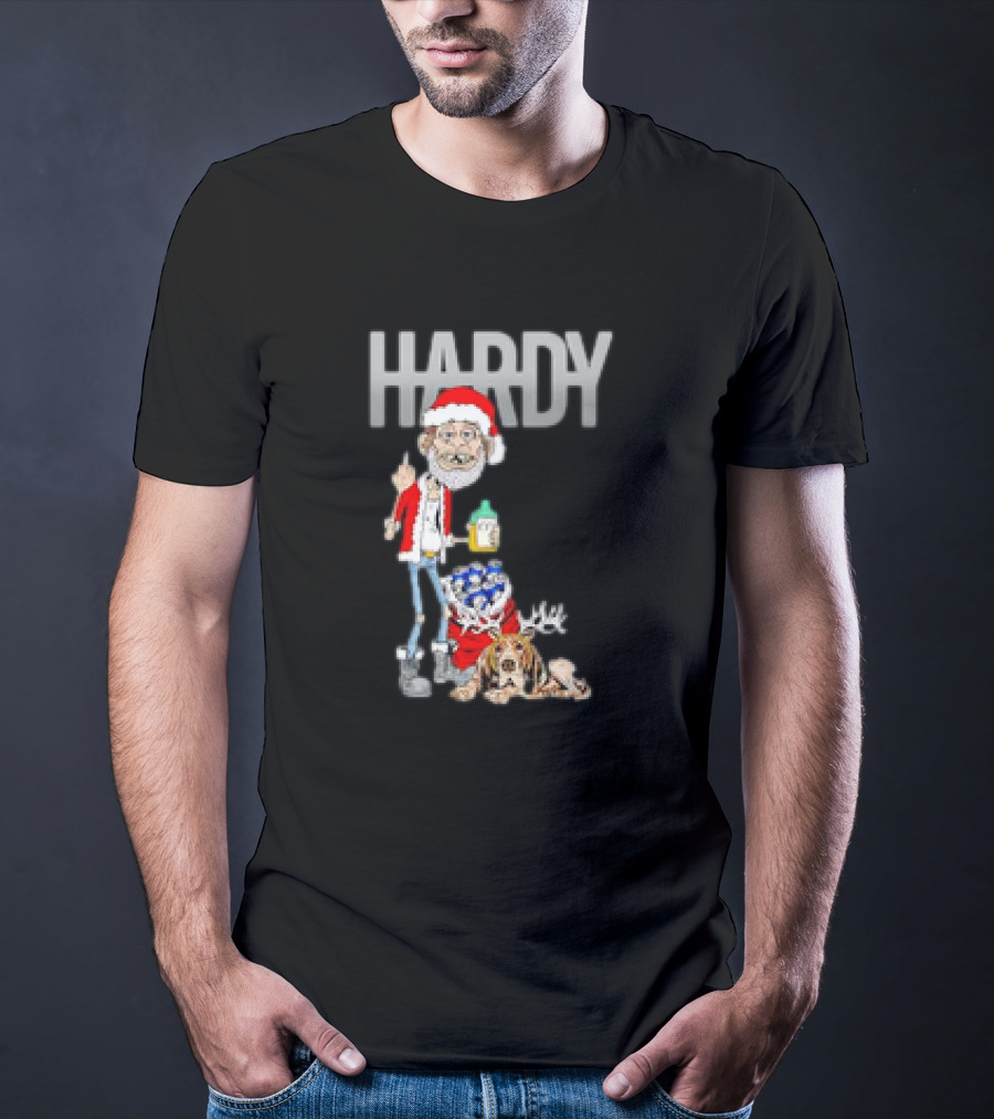Hardy Jim Bob Holiday Christmas Santa With Beer And Reindeer Dog T-Shirt