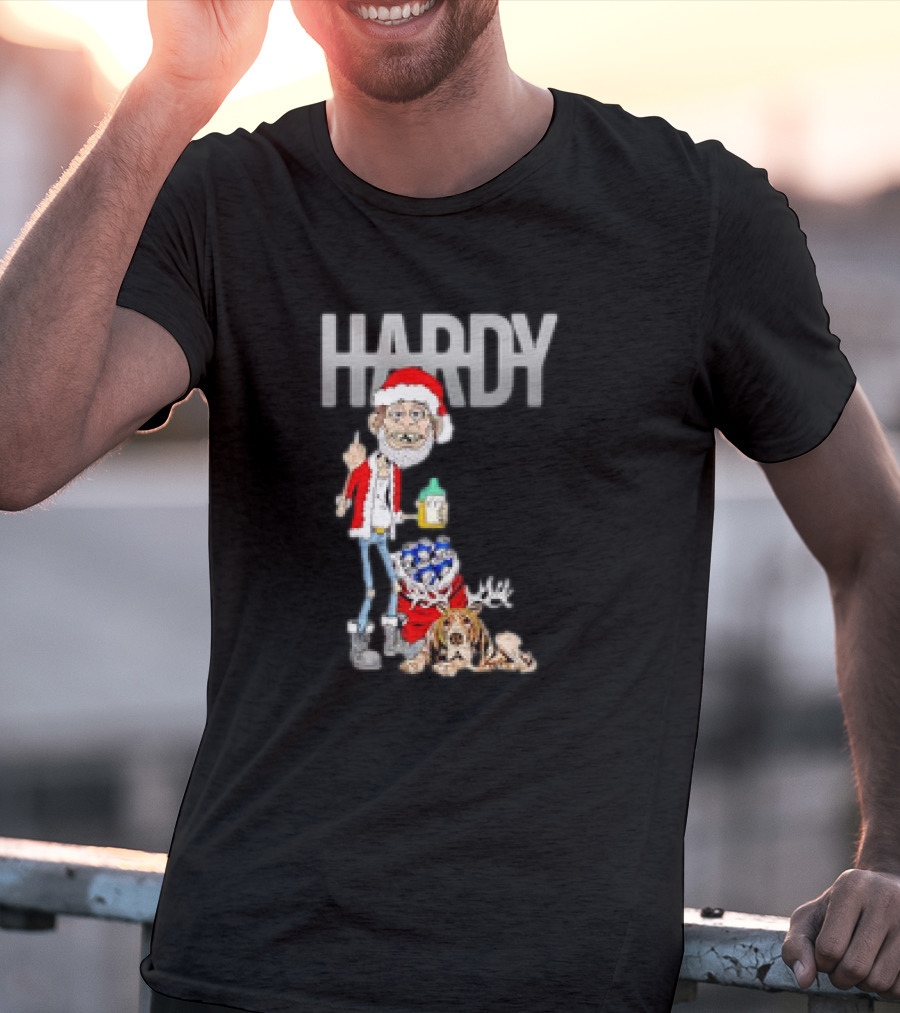 Hardy Jim Bob Holiday Christmas Santa With Beer And Reindeer Dog T-Shirt