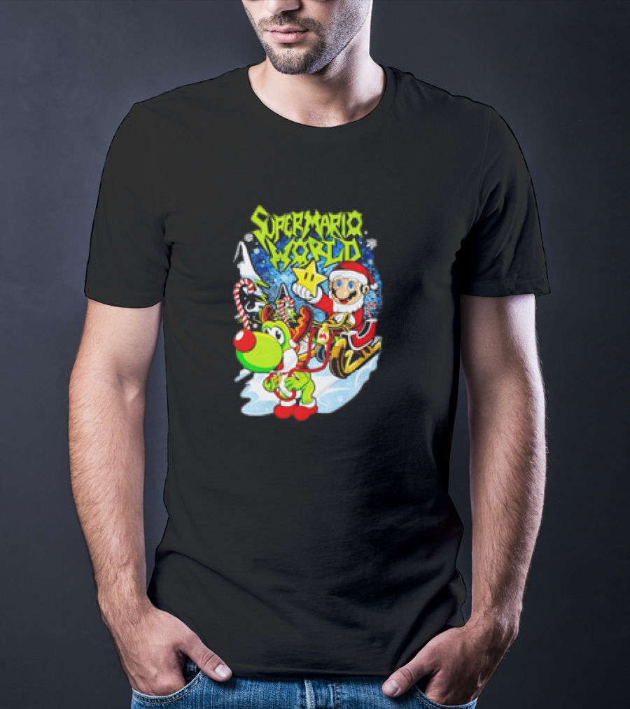 Super Mario World Santa Christmas Reindeer Sleigh Ride Scene T-Shirt