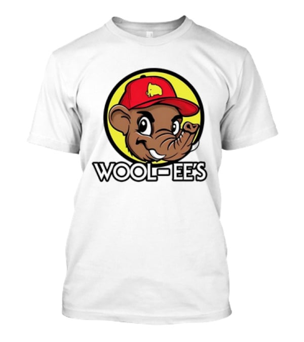 Wool-Ee’s Woolly Mammoth Cartoon Character In Red Cap With Yellow Background T-Shirt