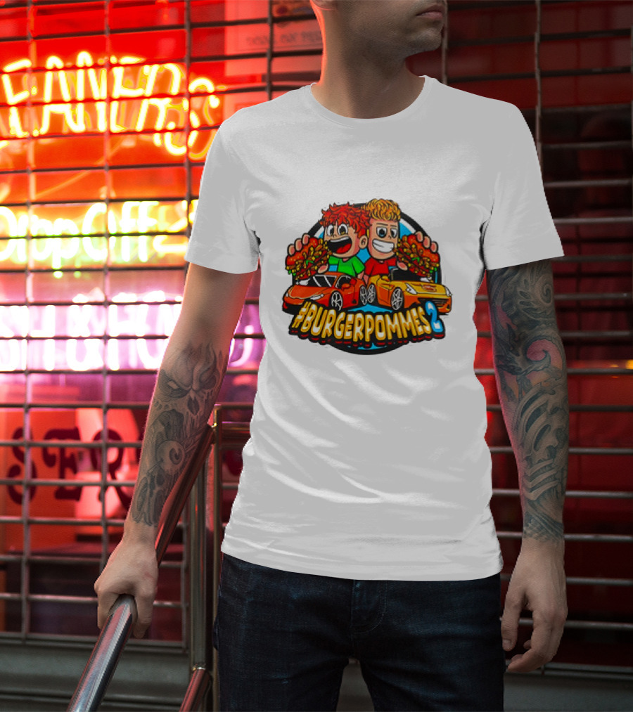 Burgerpommes 2 Cartoon Characters With Super Cars And Burgers T-Shirt