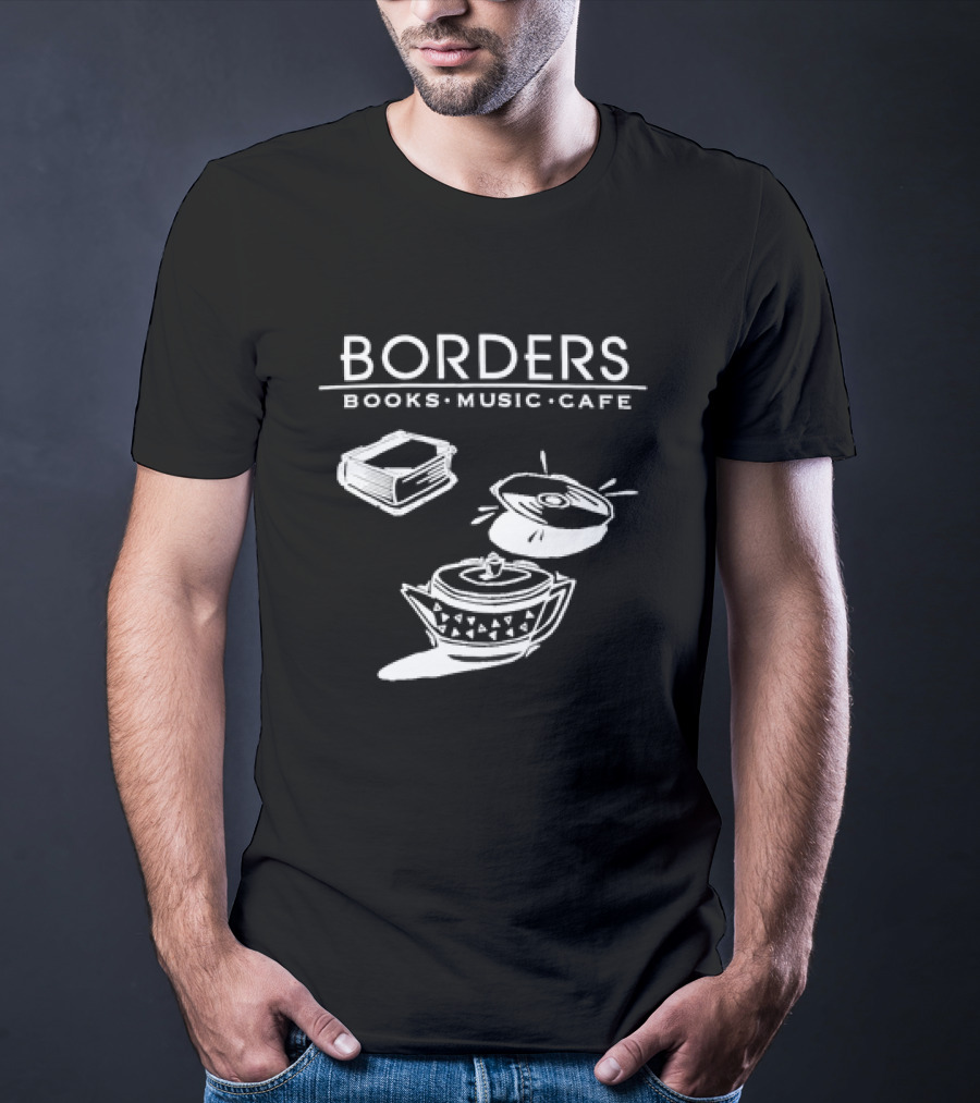 Borders Books Music Cafe Logo With Book, CD, And Teapot T-Shirt