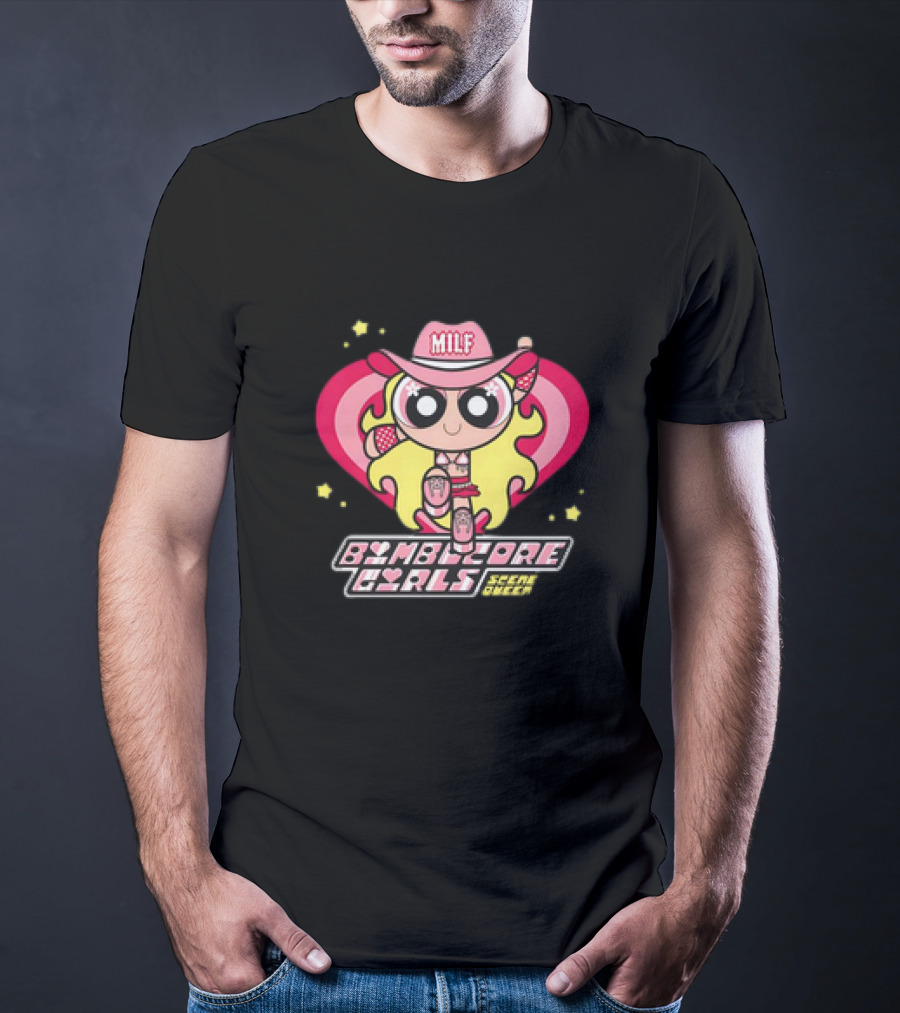 Bimbocore Girls Scene Queen Powerpuff MILF Cowboy Hat Pink Heart Flame T-Shirt
