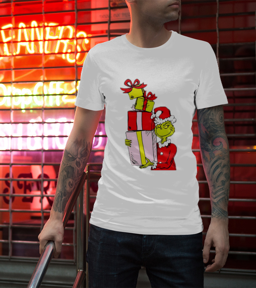 Grinch With Stacked Christmas Gifts Santa T-Shirt