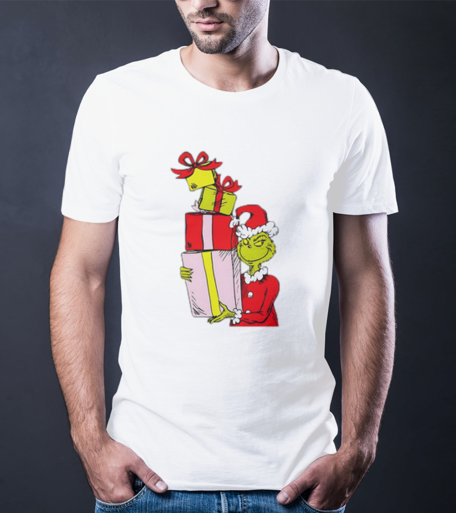 Grinch With Stacked Christmas Gifts Santa T-Shirt