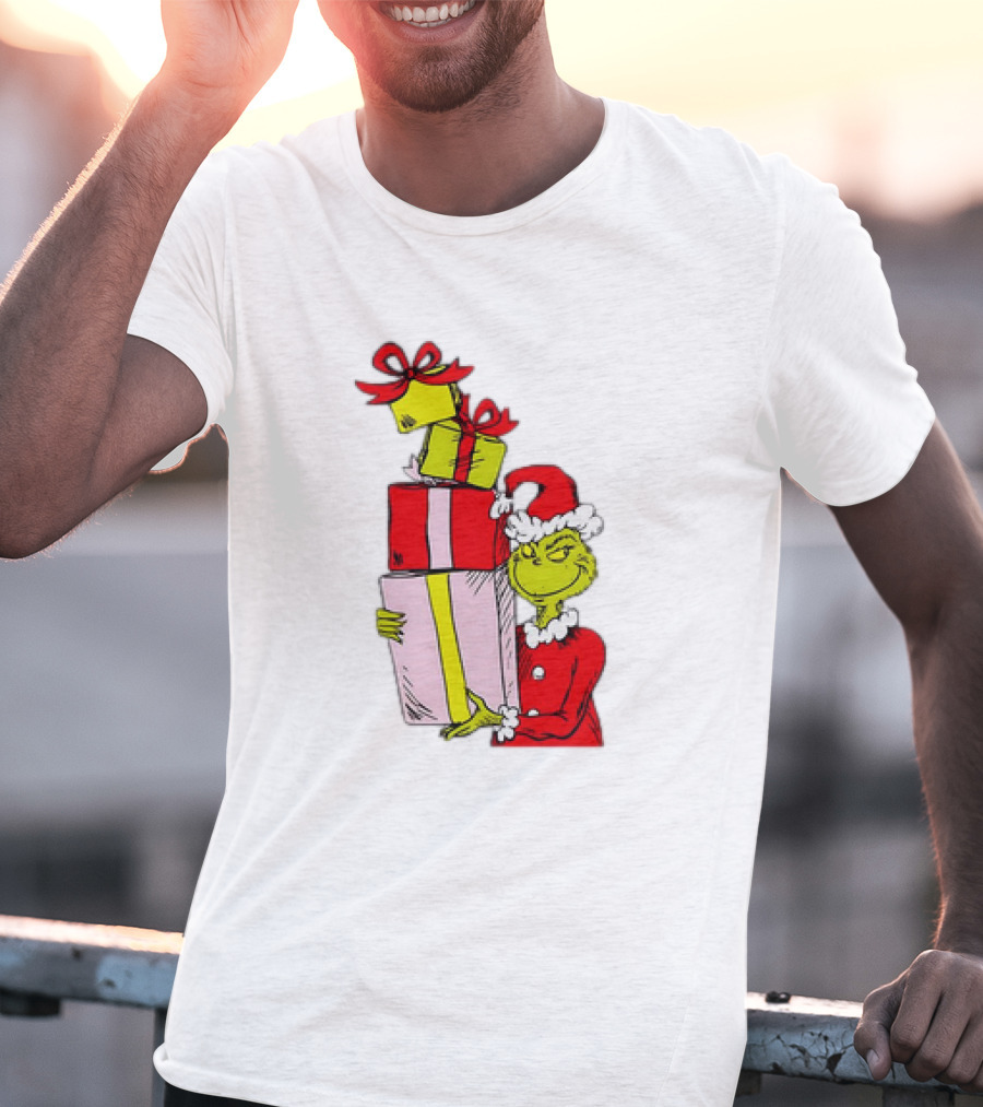 Grinch With Stacked Christmas Gifts Santa T-Shirt