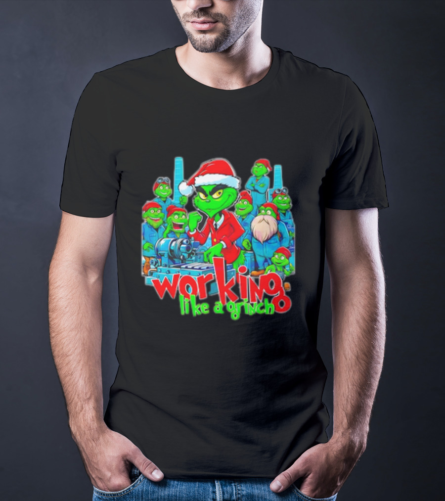 Working Like A Grinch Christmas Mechanic Santa Hat Crew T-Shirt