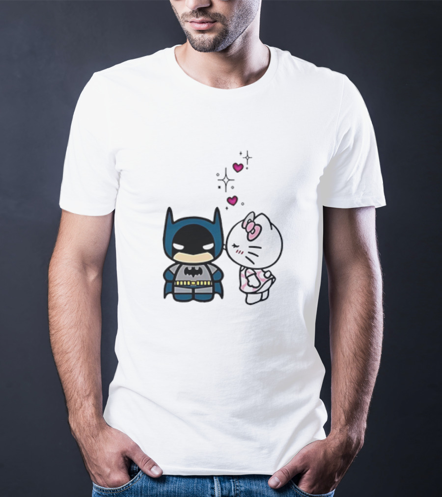 Hello Kitty Kissing Batman With Hearts And Sparkles T-Shirt
