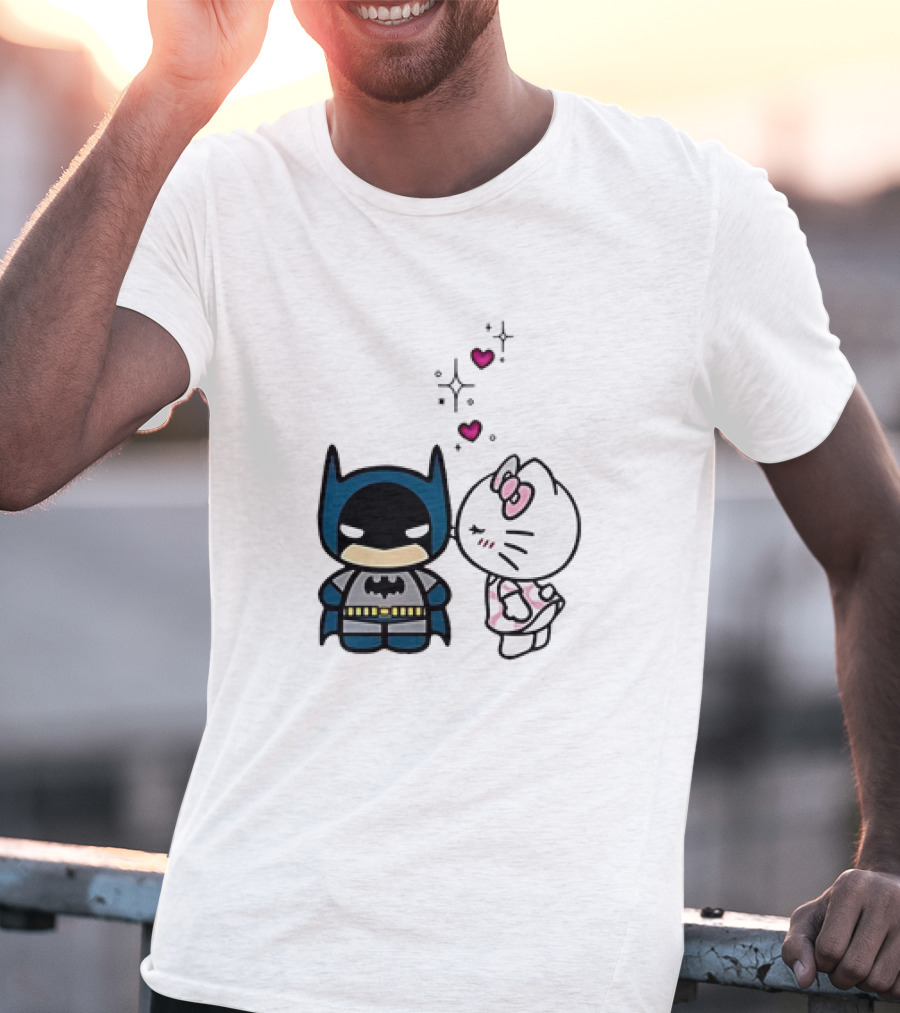 Hello Kitty Kissing Batman With Hearts And Sparkles T-Shirt