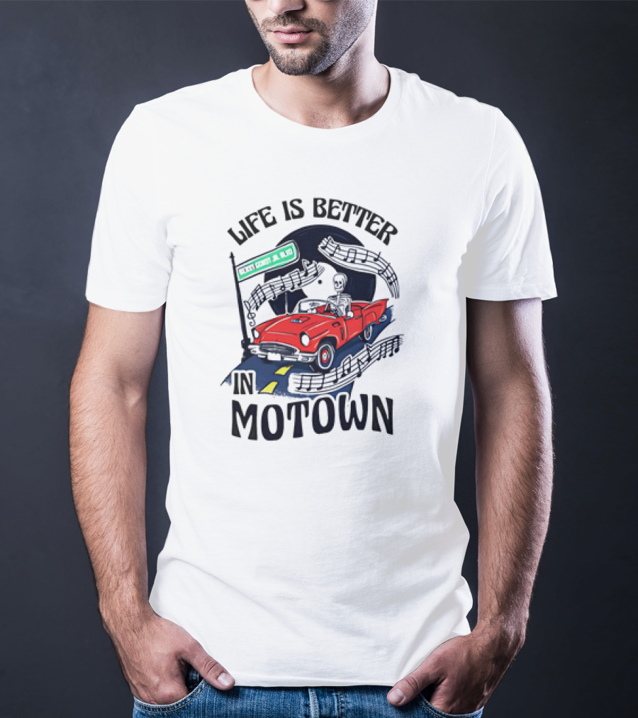 Life Is Better In Motown Skeleton Driver In Red Convertible With Musical Notes T-Shirt