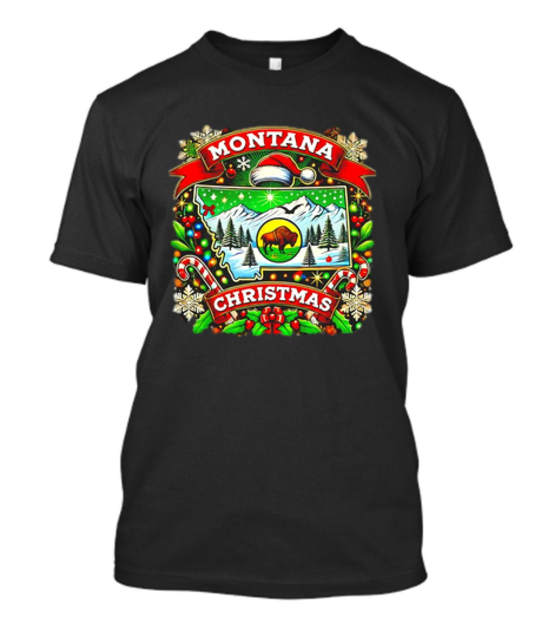 Montana Christmas Snowy Mountains And Buffalo Holiday Festive T-Shirt