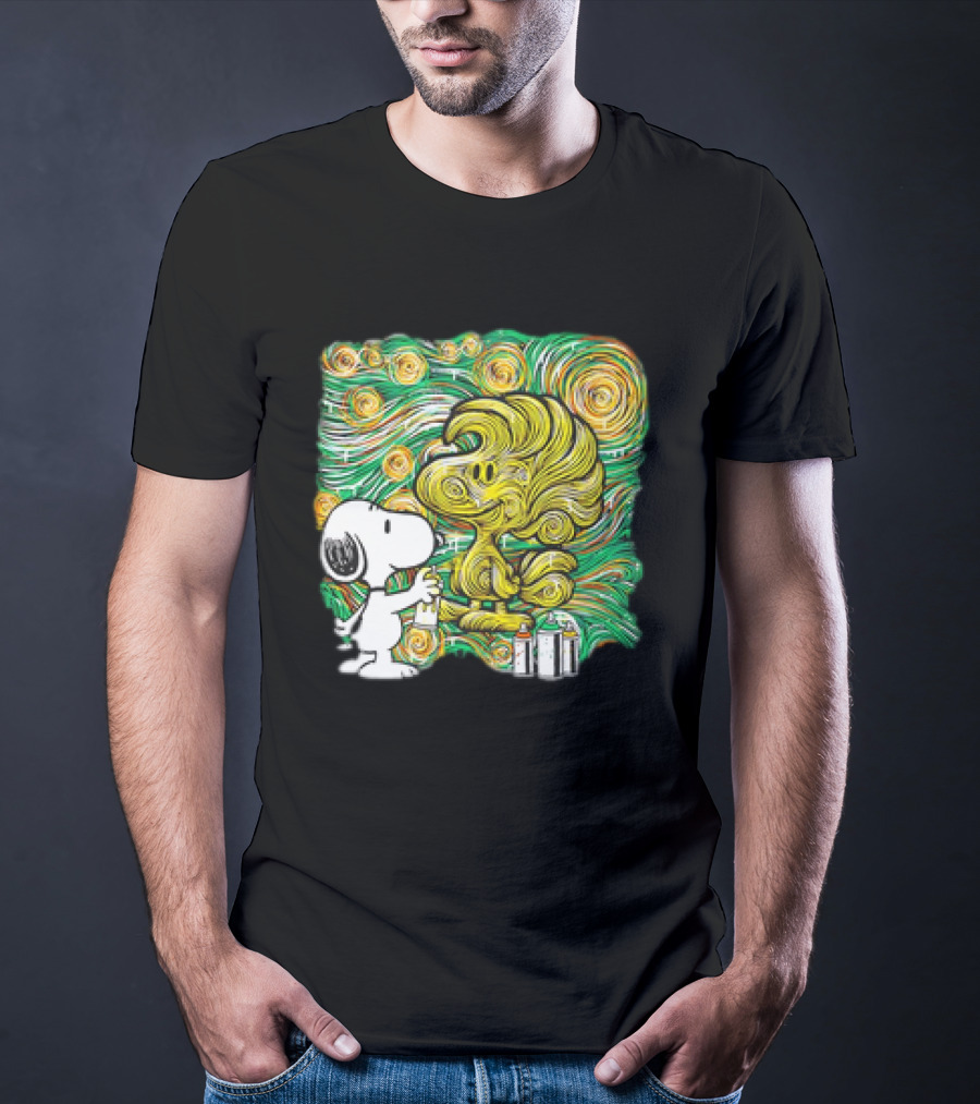 Peanuts Snoopy Spray Painting Woodstock In Starry Night Graffiti T-Shirt
