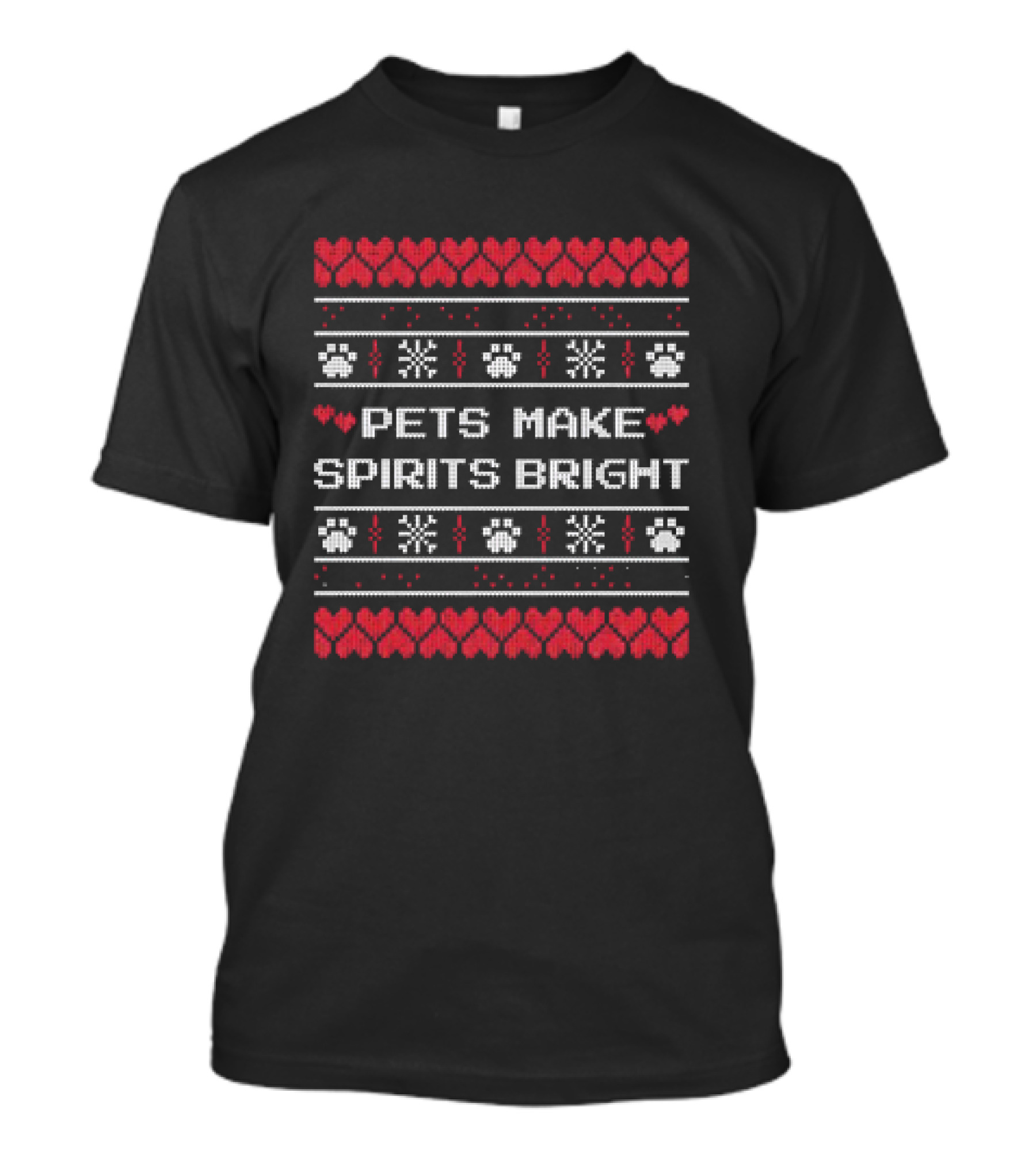 Pets Make Spirits Bright Christmas Ugly Sweater Paw Print Heart Snowflake T-Shirt