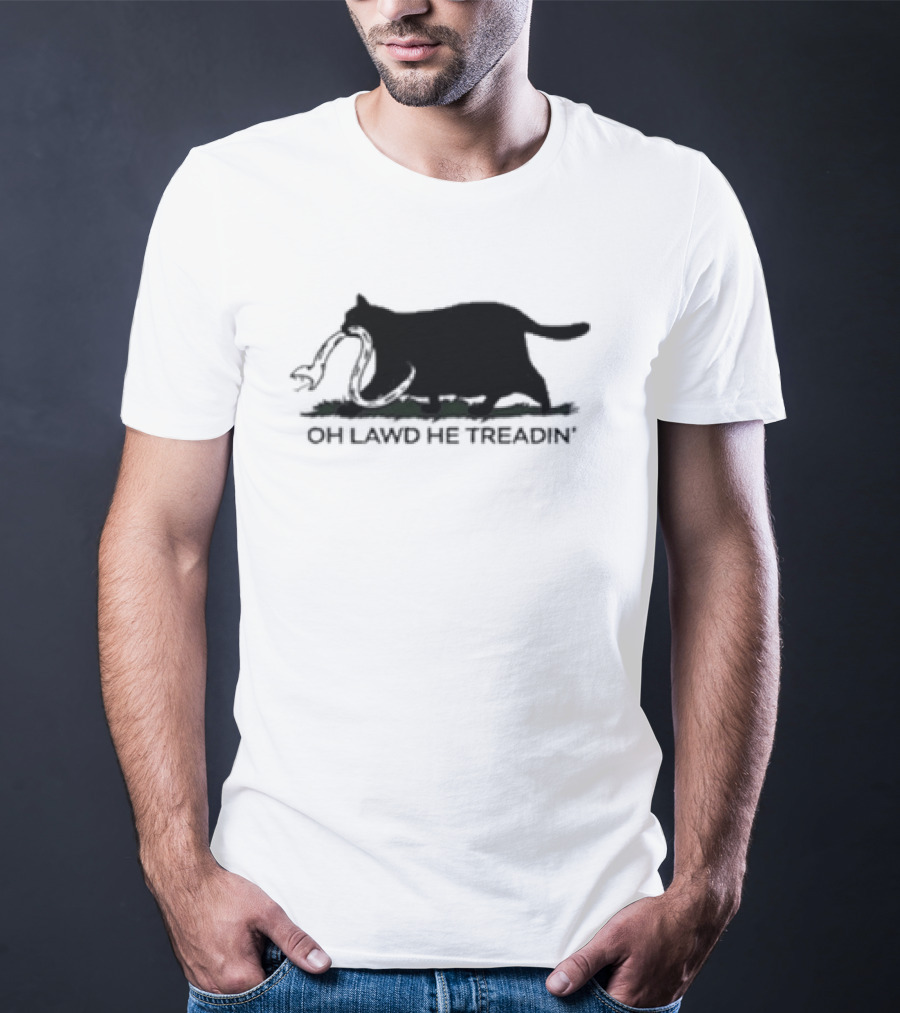 Oh Lawd He Treadin' Cat Silhouette Biting Snake T-Shirt