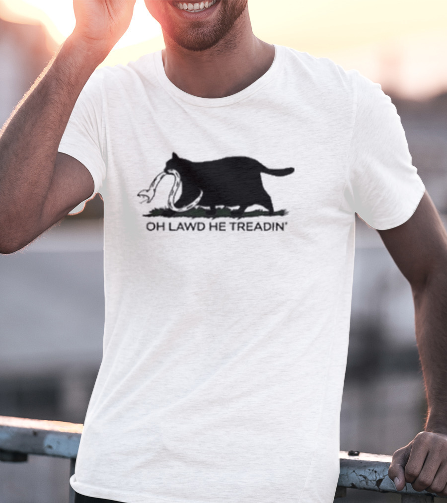 Oh Lawd He Treadin' Cat Silhouette Biting Snake T-Shirt